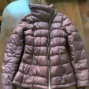 Athleta Asymmetric Downabout Puffer down coat, eggplant, gold zippers, size XXS